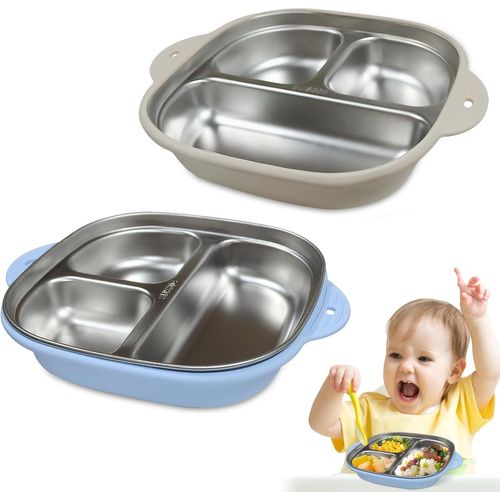 2 Pièces Assiette Ventouse Pour Bébé,Assiette Bebe Ventouse,Assiette Enfant En Acier Inoxydable Pour Chaises Hautes,Plateau Et Tables (Bleu + Beige)