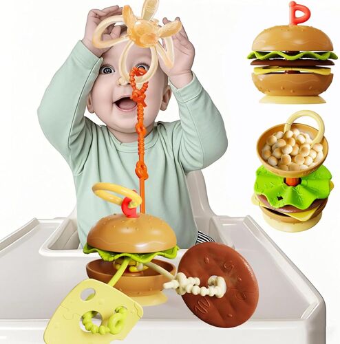 Bébé Burger Jouet Ventouse Chaise Haute, Jouets Eveil Bébé pour Dentition,Jeux Bebe 6 Mois Jouet Montessori Sensoriel, Transformable en Bol à Snacks pour Filles et Garçons