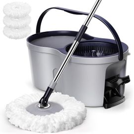 Seau Essoreur à Pédale et Balai à Franges, Serpillière Seau Essoreur 2en1, Balai Serpillère en Microfibre avec Manche Télescopique pour Nettoyage sols,Gris