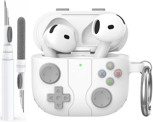 KALANKA-AhaStyle Coque AirPods 4 (2024) avec Kit Nettoyage Console de Jeu Rétro pour AirPods 4ème Génération Housse de Protection en Silicone Souple pour Apple AirPods 4 2024 Etui de Chargement (Blan