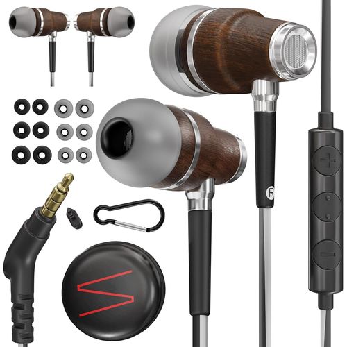 KALANKA-® Ecouteurs Filaire avec Microphone Premium Basses de 8 mm avec Son 3D en Bois de Bubinga, Ecouter Reducteur de Bruit Actif, Fil Jack 3,5 mm, contrôle du Volume Mobile, PC et Tablette NRG