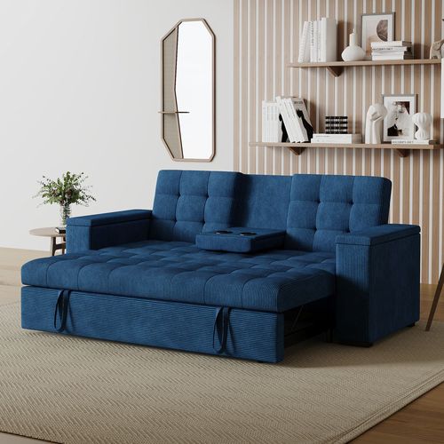 Noho - Canapé 3 Places Convertible Avec Tablette Centrale Et Accoudoirs Amovibles Bleu Velours Côtelé