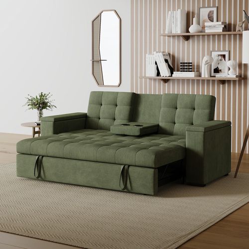 Noho - Canapé 3 Places Convertible Avec Tablette Centrale Et Accoudoirs Amovibles Vert Velours Côtelé