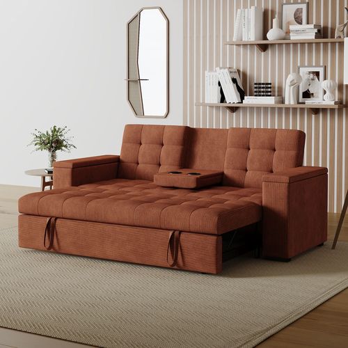 Noho - Canapé 3 Places Convertible Avec Tablette Centrale Et Accoudoirs Amovibles Terracotta Velours Côtelé