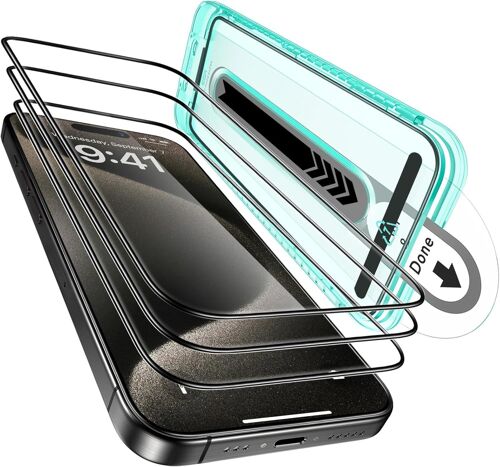 JGD-3 Pièces Verre Trempé pour iPhone 15 Pro Max, Protecteur D'écran [Dureté 9H] [Incassable de Qualité Militaire] Couverture Complète, Plateau D'ajustement, Transparence HD, Anti Rayures