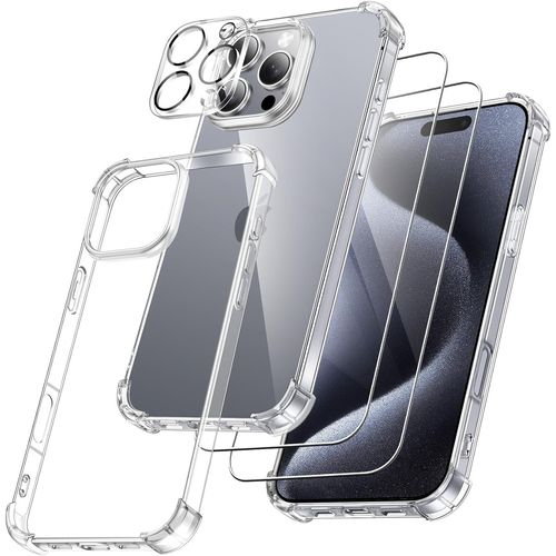 Coque Pour Iphone 16 Pro Max - 2 Films Verre Trempé 2 Verres Caméra Coque Silicone Gel bords renforcés - Transparent