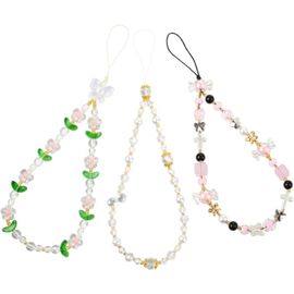 Kalanka-Lot De 3 Bracelets Pour Téléphone Lanières Pour Téléphone Portable En Perles De Cristal Papillon Fleur Feuille Bonbon Pour Porte-Clés Bijou De Sac