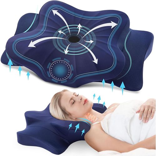 Kalanka-Oreiller Ergonomique Cervical Pour Le Cou Et Les Épaules, Memoire Forme Pour Les Dormeurs Sur Le Côté, Le Dos Et Le Ventre, Oreiller Cervical Avec Taie D'oreiller, 63x38x9/14cm, Bleu Foncé