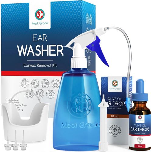 Kalanka-Nettoyeur Oreille Bouteille De Nettoyage 300 Ml Enlèvement Bouchon Oreille + Gouttes Huile D`Olive Pure \U2013 Kit Poire Lavement Auriculaire De \U2013 Élimine Et Adoucit Le Cérumen 