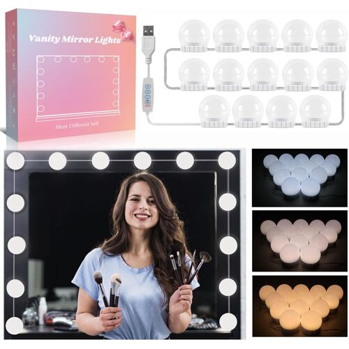 Kalanka-Lumière De Miroir Kit De 14 Ampoules Pour Coiffeuse Maquillage, Miroir Led Hollywood Dimmable, Lampe Coiffeuse Usb Avec Interrupteur Et Câble, 3 Couleurs Et 10 Luminosité, Makeup Eclairage Ad 