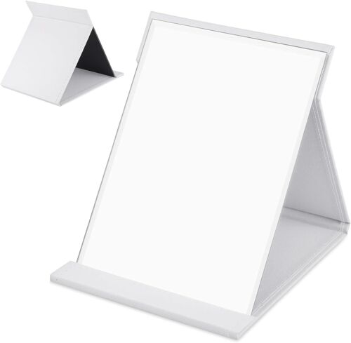Miroirglace De Table, 21 Cm X 15 Cm Pliable Miroir De Voyage Portable,Glace De Maquillage Haute Définition Avec Étui En Cuir Synthétique Blanc,Glace Coiffeuse A Poser,Rectangle 