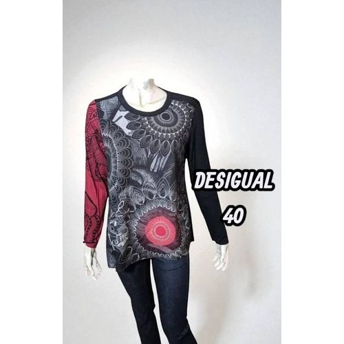 Desigual Taille 40 Haut Top Tee Shirt Manches Longues Gris Noir Rouge