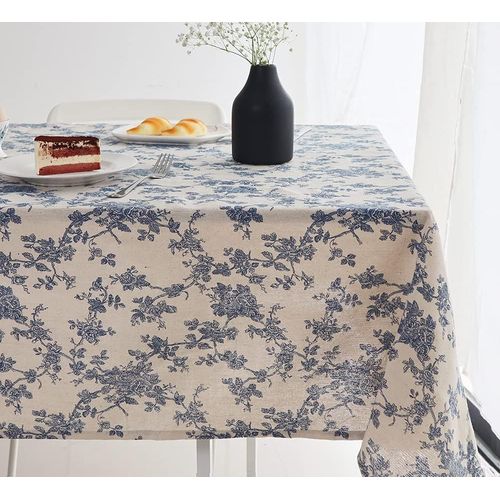 Nappe Pastorale Fleurie Bleu En Lin De Coton Nappe Style Fermier D'intérieur Et D'extérieur De 140×180cm Rectangulaire Pour Les Fêtes, Les Pique-Niques Et D'usage Quotidien