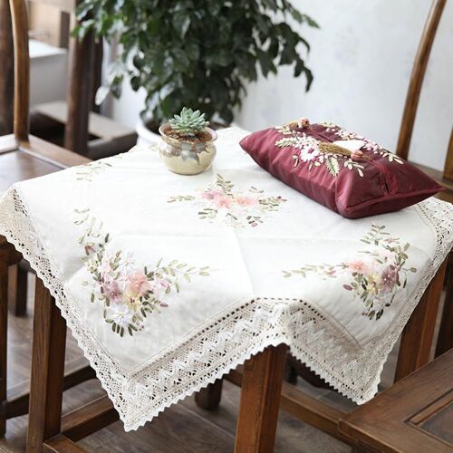 Kalanka-Kit De Broderie Debutant, Nappe Avec Motif Fleur De Jardin, Design Délicat En Dentelle Tricotée, Broderie Kit Pour Adultes Débutants Avec Modèle De Broderie (90 X 90 Cm)