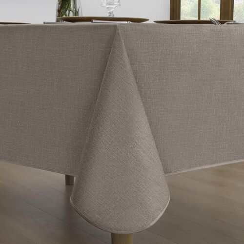 Nappe En Toile Cirée D'extérieur - 140 X 240 Cm - Marron Moka - Avec Ourlet - Aspect Lin - Imperméable - Résistant Aux Intempéries - Pour Anniversaire, Fête, Été, Barbecue, Table À Manger