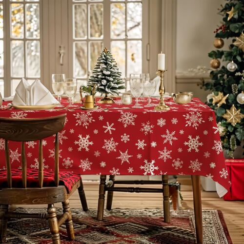 Sjzg-Nappe De Noël Rectangulaire Blanche Flocon De Neige En Tissu Polyester Imperméable Rouge Nappe De Table De Fête Fournitures De Décoration De Table 132 X 182 Cm