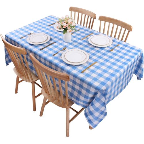 Sjzg-Nappe Gingham Polyester 140x200cm Wipe Clean, Tissu À Carreaux Résistant Aux Taches Et Aux Rides Pour La Salle À Manger Et L'extérieur, Nappe Rectangle À Carreaux (Bleu Ciel)