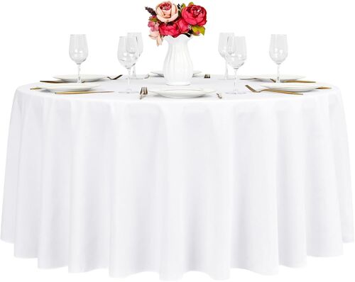 Sjzg-1 Nappe Ronde Blanche En Polyester, 228,6 Cm, Lavable En Vrac, Nappe De Table Pour Mariage, Banquet, Buffet, Table De Vacances, Dîner