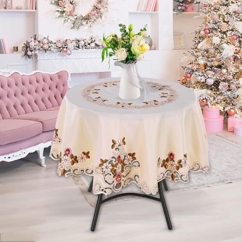 Sjzg-Nappe Ronde 85 Cm, Nappe Brodée De Fleurs Rondes, Nappe Ronde Nappe Brodée De Fleurs, Nappe De Table Ronde Fleur Brodée Couverture De Table Pour Mariage Vacances Fête
