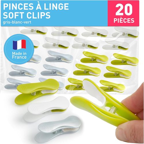 TEPPD-Pince a Linge Soft Clips \u2013 Pinces à Linge \u2013 Epingle a Linge \u2013 Fabriqué en France \u2013 80mm x 15mm \u2013 Gris-Vert-Blanc \u2013 Lot de 20 Pièces