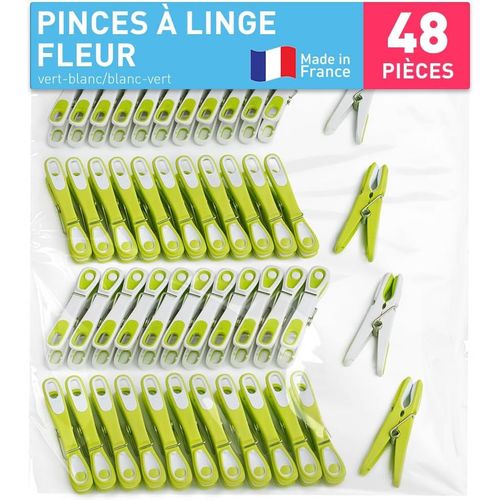 TEPPD-Pince a Linge Fleur \u2013 Pinces à Linge \u2013 Epingle a Linge \u2013 Fabriqué en France \u2013 80mm x 15mm \u2013 Vert-Blanc/Blanc-Vert \u2013 Lot de 48 Pièces