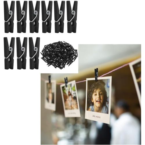 TEPPD-Lot de 100 mini pinces à linge en bois et plastique - Noir - 25 cm - Petites pinces décoratives - 2,5 cm