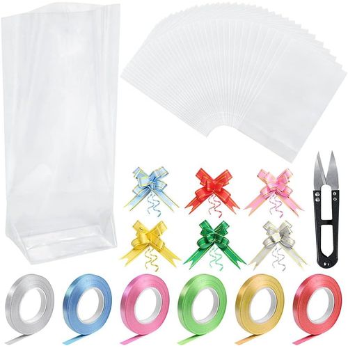 Teppd-Lot De 120 Sachets En Cellophane Transparent Avec 120 N?uds, 6 Rouleaux De Ruban Et Des Ciseaux Pour Bonbons, Biscuits, Anniversaire, Jouets D'emballage, Noël (25 Cm X 15 Cm)