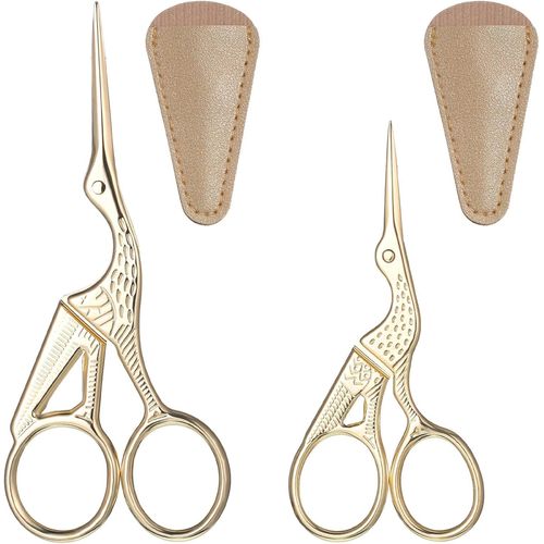 Teppd-Lot De 2 Paires De Ciseaux À Broder En Forme De Cigogne Avec Revêtement En Cuir - En Acier Inoxydable - Style Vintage - Doré - Petits Ciseaux Tranchants Pour Broderie, Travaux Manuels, Couture