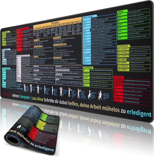 JGD-Excel Shortcuts Tapis de Souris Noir sous-Main XL Grand Tapis de Souris de Jeu Mémo Bureau Mat Clavier Mouse Mat (Allemand, 800×300mm)