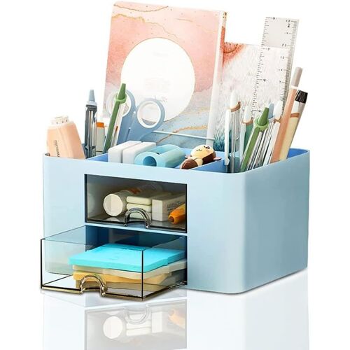 Kalanka-Organiseur De Bureau, Porte-Stylo Multifonction Avec 7 Compartiments, Papeterie Organizer Avec Tiroir, Organiseur De Table En Plastique Pour Fournitures De Bureau (Blau)