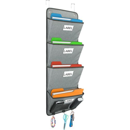Teppd-Organiseur De Dossiers De Bureau À Suspendre Au Mur, Organiseur En Tissu 4 Poches Verticales Porte-Revues A4 Porte Documents Mural Rangement Courrier À Suspendre Pour École (Gris)