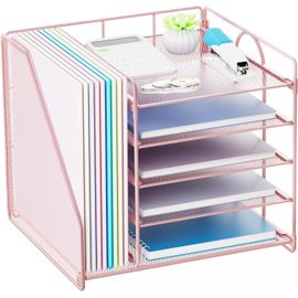 Teppd-Organiseur De Bureau À 5 Niveaux ¿ Rangement De Documents Avec Porte-Fichiers, Corbeille À Courrier En Maille Métallique ¿ Rose