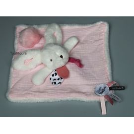 Doudou lapin plat Happy blanc rose Doudou et Compagnie