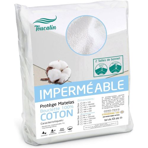 PATA-Protège Matelas Imperméable Bouclette Confort 100% Coton Qualité Supérieure Oeko-TEX® Bonnet 35cm Alese toucalin Drap-Housse hypoallergénique Respirant Isolateur de lit antiacarien 140x190/200
