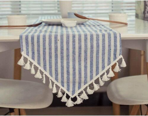 Sjzg-Chemins De Table Nappe Rectangle Nappes Nappe À Pampilles Rayées Protection De Table Jupe De Table En Lin Table À Manger De Cuisine (Rayures Bleues/Blanches, 30×200cm)