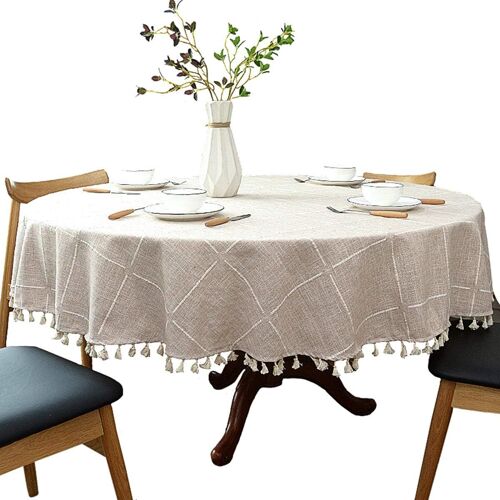 Sjzg-Nappe En Lin De Coton Épais, Housse De Table Ronde À Pompons Pour La Cuisine La Salle À Manger Et Les Décorations De Table, Ronde - 120 Cm, Beige