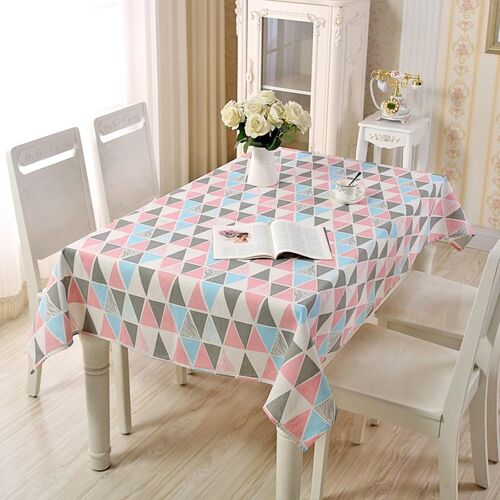 Sjzg-Nappe Rectangulaire Grande Dimension 130 W X 180 L Cm,Nappe Table De Salon Rose Gris Bleu Motif Triangulaire Coton Nappe Lavable Table