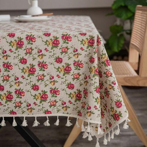 SJZG-Grande Nappe Lavable En Lin Pour L'Extérieur, La Cuisine, La Salle À Manger - Motif Floral - 200 X 140 Cm
