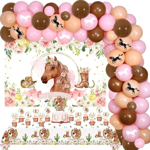 Sjzg-Kit Décorations Fête D'anniversaire Cheval Filles ¿ Toile Fond Sur Le Thème Des Chevaux, Nappe, Décorations Gâteaux, Décorations Cupcakes, Cowgirl Occidentale, Guirlande Rose