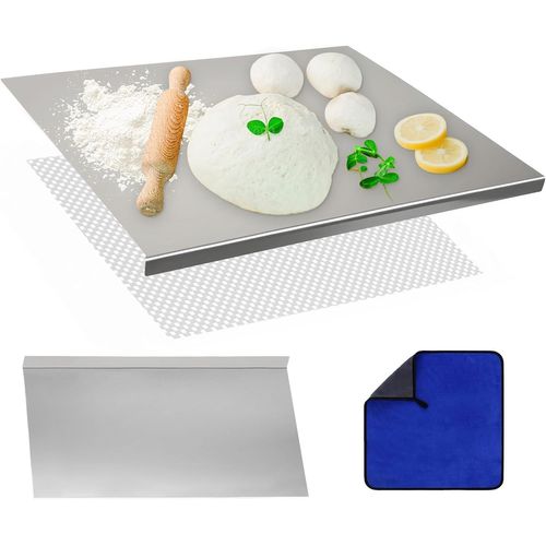Planche a Decouper Inox 40 x 30 cm, Planche à Pétrir Inox avec Rebord avec Tapis anti-dérapant et lingettes, Restaurant Planche à Pétrir Inox pour Pain et Pizza(Hauteur 2cm)