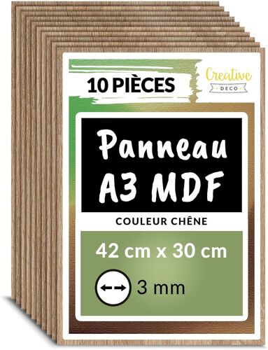 10 x A3 Panneau MDF | 420 x 300 x 3 mm | Feuille Planche Bois Brut | Plaque Bois Idéal pour Bricolage, Découpe Laser, Gravure, Maquette | Panneaux Bois pour Pyrogravure, Linogravure