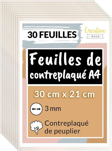 10 x A4 Contreplaqué 3mm | 300 x 210 x 3mm (+/2mm) | Planche Bois Brut Peuplier | Panneau Feuille Découpe Laser | Bois pour Pyrogravure, Gravure, Cricut, Maquette