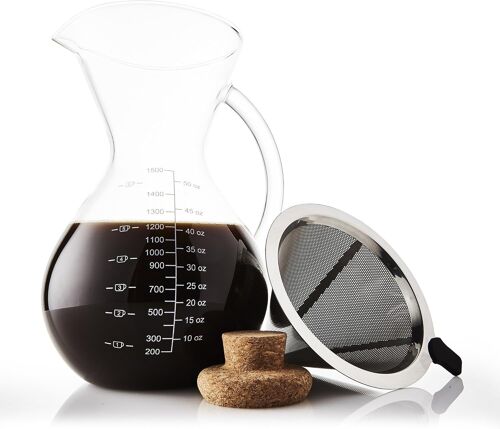 ensemble cafetière pour-over avec mesure à café et bouchon en liège ¿ Cafetière goutte-à-goutte élégante avec verseuse en verre et filtre permanent en acier inoxydable (800 ml)