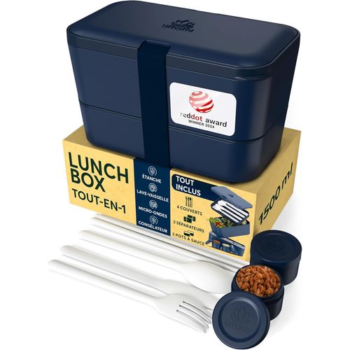 Tzf-Bento Lunch Box, Couverts & 2 Pots À Sauce Inclus, Boîte Repas Encastrable, Lunchbox Micro-Ondable, Boîte À Lunch Adulte Compartimentée, Bento Box, Bleu Royal, 1500 Ml