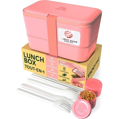 Tzf-Bento Lunch Box, Couverts & 2 Pots À Sauce Inclus, Boîte Repas Encastrable, Lunchbox Micro-Ondable, Boîte À Lunch Adulte Compartimentée, Bento Box, Rose Corail, 1500 Ml