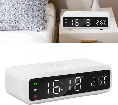 Réveil, Chargeur de Réveil Numérique 15 W, Radio-réveil Multifonction avec Variateur à 4 Niveaux, Affichage LED de L'heure, de la Date, de la Température, Minuterie pour Chambre (Couleur du bois