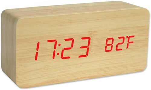 - Réveil Horloge de Chevet numérique à Effet Bois - Affichage à LED Multifonction avec Indication d'heure, Date, température et Commande vocale pour Les Voyages au Bureau (Marron)