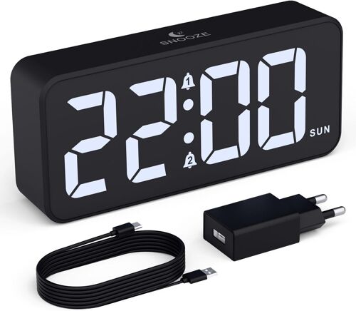 Réveil numérique avec grand écran LED, 10 sonneries, double alarme, 3 plans d'alarme, fonction snooze, luminosité et volume réglables, alimentation secteur, adaptateur inclus