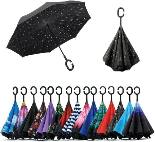 Parapluie Inversé, Anti-Uv Double Couche Coupe-Vent Parapluie, Mains Libres Poignée En Forme C Parapluie