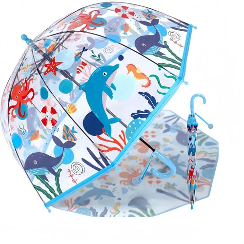 Parapluie Pour Enfant Avec Toit En Dôme - Design Léger Et Mignon - Protection Contre Le Vent Et La Pluie - En Forme De Cloche - Transparent - Cadeaux Pour Enfants, Dauphin Bleu, S
